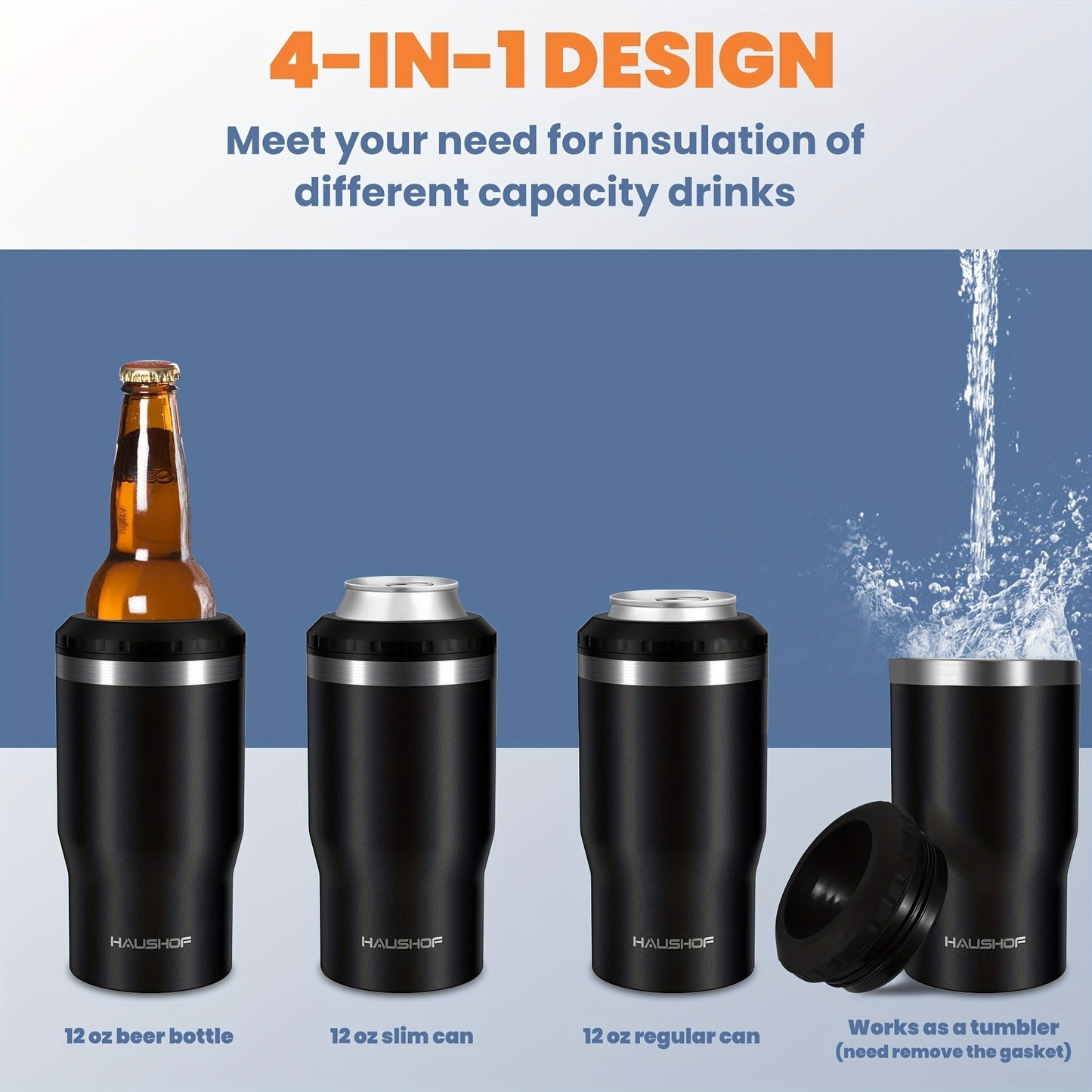 Can Cooler Insulated Stainless Steel 4-in-1 for 12 oz Standard Slim Can & Beer Bottle – Double Wall Sweat-Proof Beer Koozie for Camping
