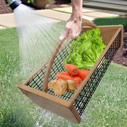 Garden Harvest Basket Metal Mesh with Wooden Handle – Rectangle Vegetable Fruit Picking Basket for Garden, Kitchen & Farmhouse Storage