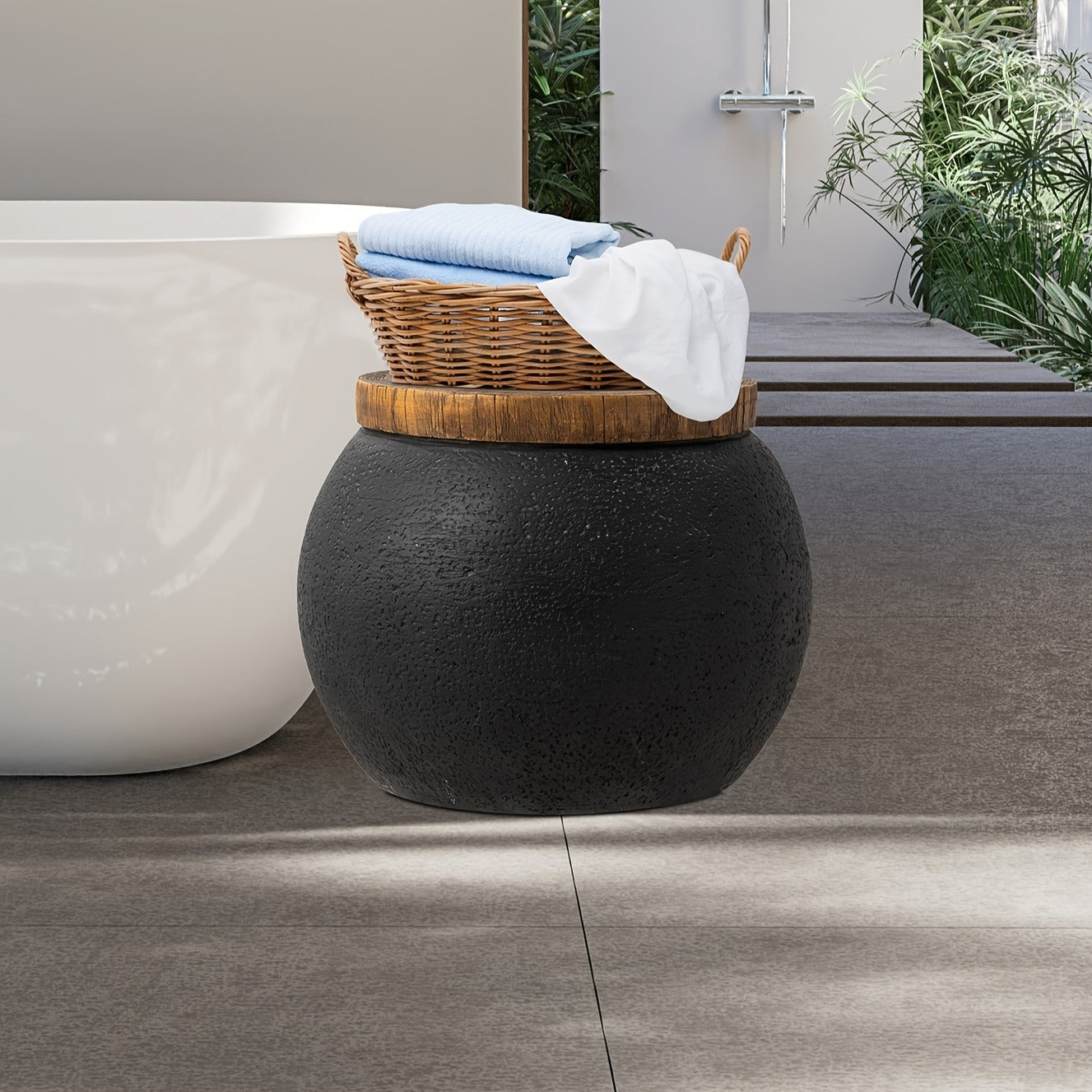 Outdoor Side Table 17-Inch Concrete Design with Wood-Look Top in Black, Hourglass and Compact Options