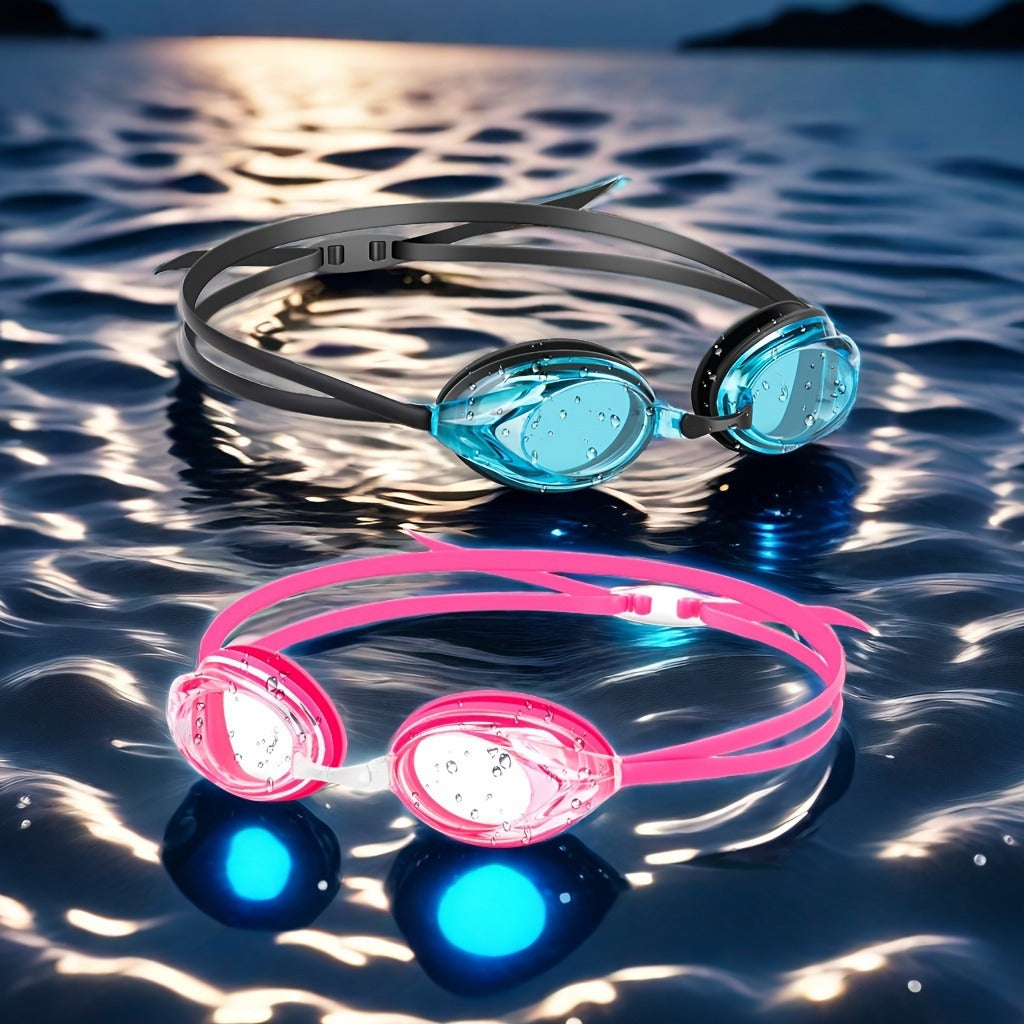 Blue and Pink Swimming Goggles with Rounded Lens Frames, Dual Split Head Straps and One Indoor Style Option