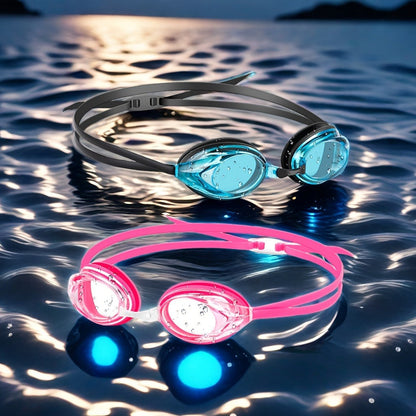 Blue and Pink Swimming Goggles with Rounded Lens Frames, Dual Split Head Straps and One Indoor Style Option