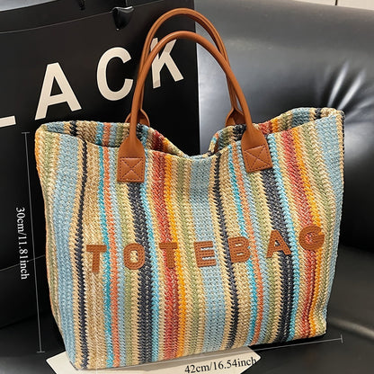 Straw Tote Bag for Women Large Capacity Bohemian Hand-Woven Striped Beach Bag Summer Vacation Shoulder Bag Colorful Letter Pattern