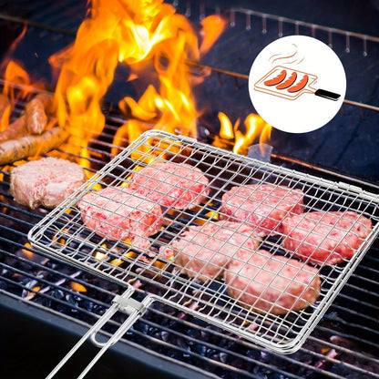 Grill Basket Stainless Steel Folding BBQ Grilling Basket for Fish Chicken Vegetables Shrimp Portable Outdoor Camping Barbecue Accessory 3