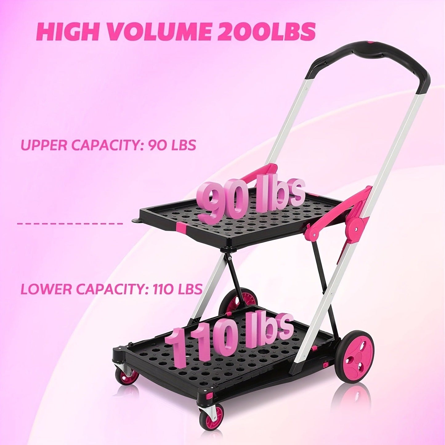 Collapsible Utility Cart Foldable Shopping Trolley 4-Wheel 360° Swivel Locking Brake Portable Dolly for Grocery Mall Camping Pink Purple