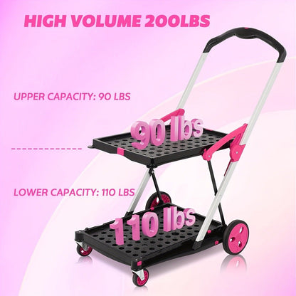 Collapsible Utility Cart Foldable Shopping Trolley 4-Wheel 360° Swivel Locking Brake Portable Dolly for Grocery Mall Camping Pink Purple