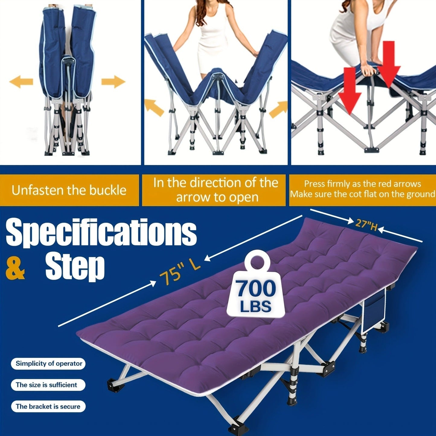 Padded Folding Camping Cot in Standard or XXL Sizes with Blue, Purple, Brown and Two-Pack Options