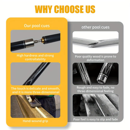 57-Inch Carbon Fiber Pool Cue with 13mm Tip, Two-Piece Black Patterned Design and Metal Joint