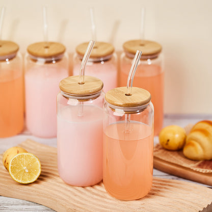 Drinking Glasses Set with Lid and Straw 550ml Oval Glass Cups 4 or 6 Piece, for Home Cooking, Dining and Outdoor Meals
