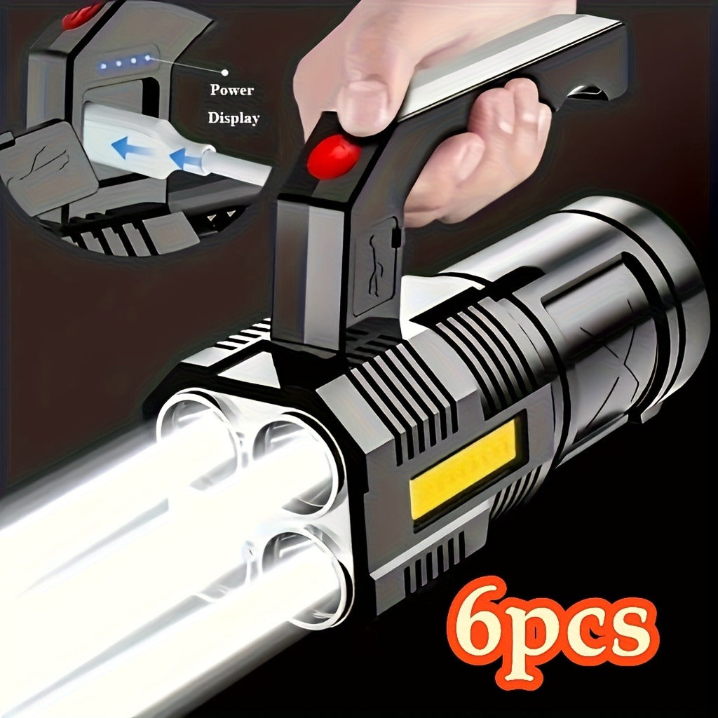 Flashlight 6-Pack Rechargeable Hand Torch Set with Main Beam, COB Side Light and Power Display