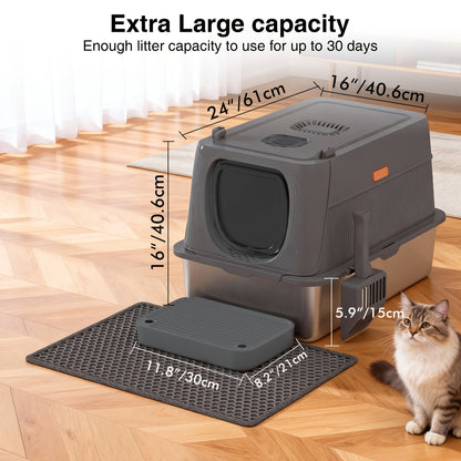 Extra Large Enclosed Cat Litter Box – Stainless Steel with Front Flap Door, Foldable Anti-Splash Fully Covered Design