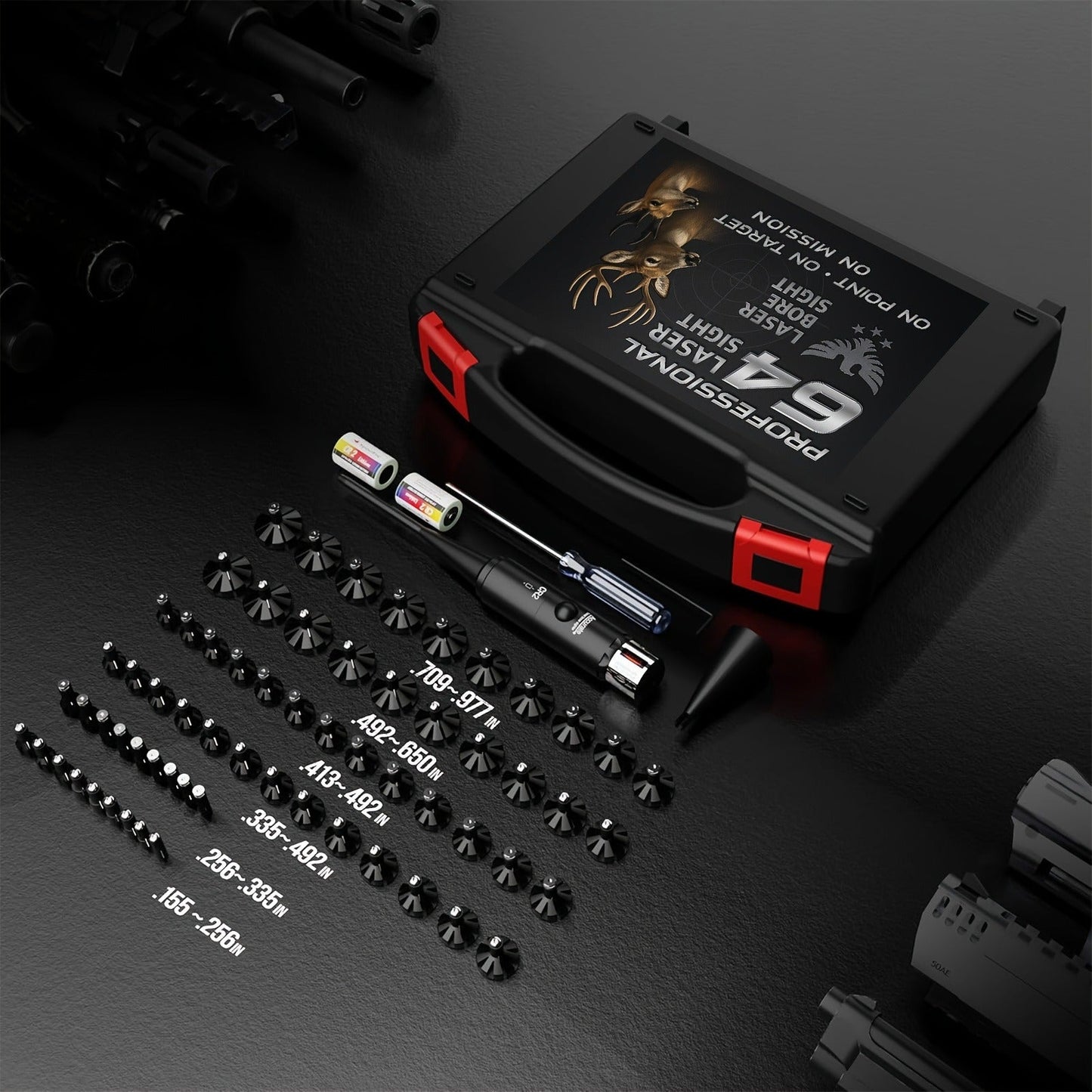 Laser Bore Sighter Kit with 64 Adapters, Red Laser Bore Sight for Rifles Shotguns Pistols Revolvers, Multi-Caliber .17 to 12GA Boresighter