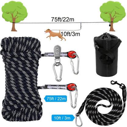 Overhead Dog Trolley System 75ft – Heavy Duty Reflective Cable Runner, Supports Up to 200lbs, Portable Easy Setup for Yard, Park
