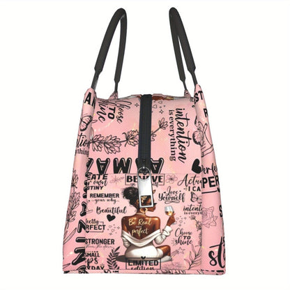 Insulated Lunch Bag with Black Girl Wine Tasting Pattern – Portable Reusable Cooler Bag for Camping, Picnic, Beach, Office & Outdoor Use