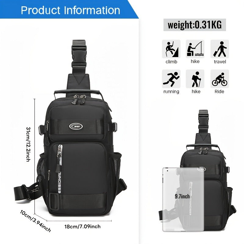 Multi-Pocket Crossbody Chest Pack with Adjustable Sling Strap, Zipper Compartments and Black or Grey Finish