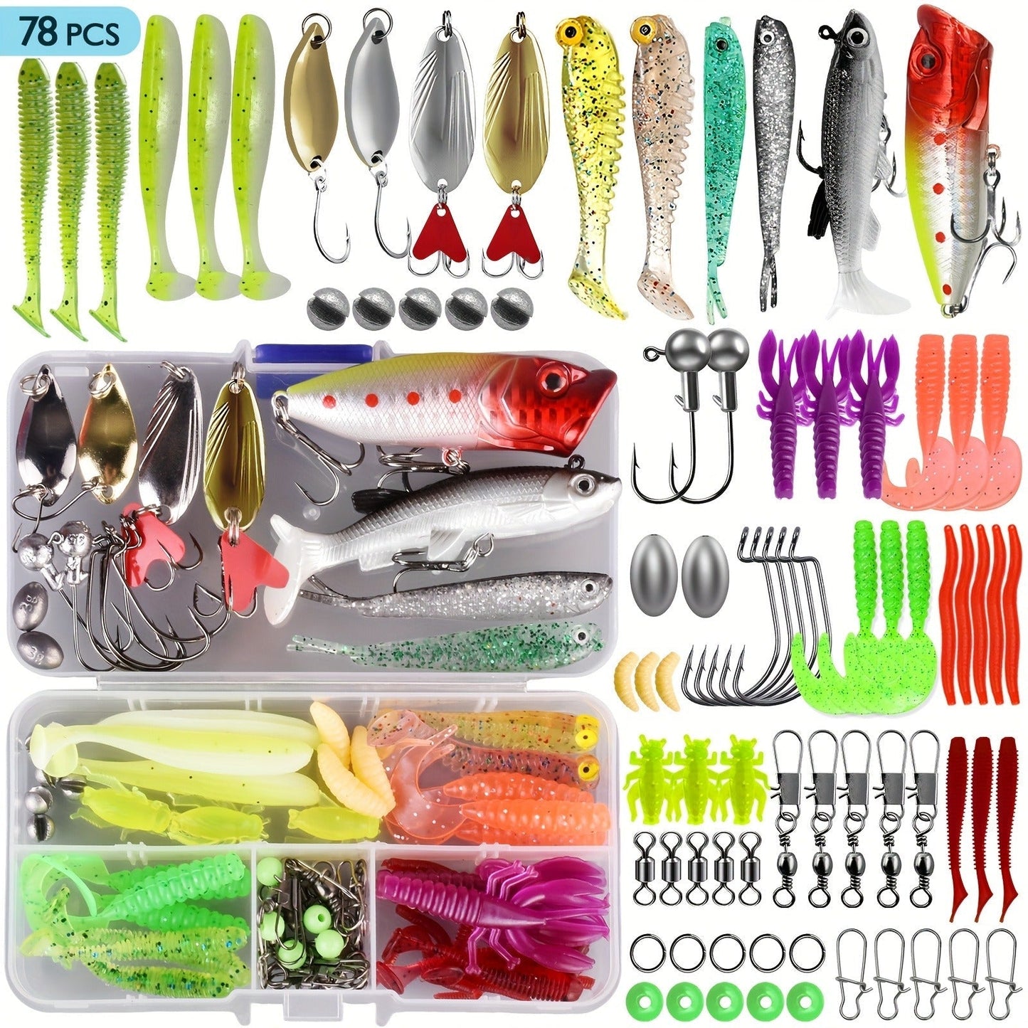 Fishing Lures Kit 78/106/188/361pcs Complete Freshwater Tackle Set with Spoon Lures Soft Plastic Worms Crankbaits Jig Hooks Tackle Box