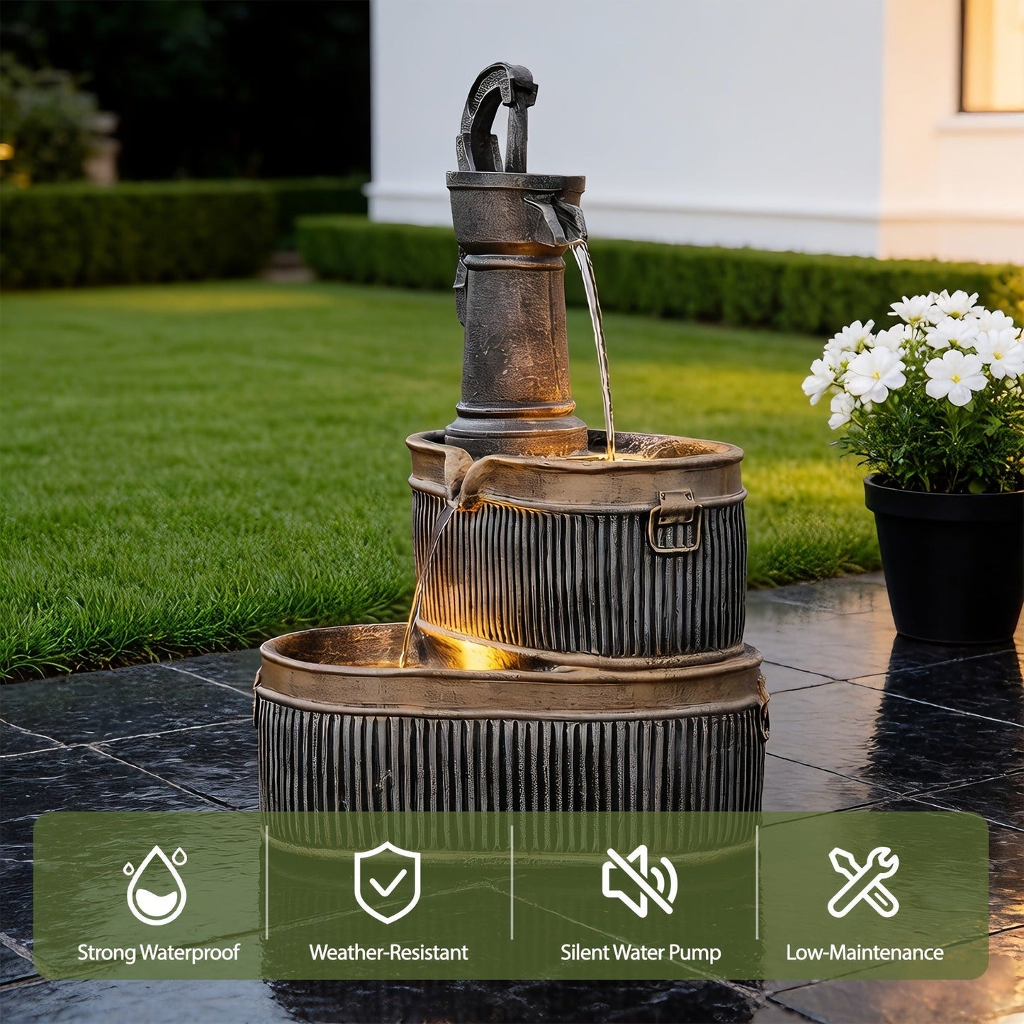 Outdoor Water Fountain 2-Tier Barrel with LED Light & Pump - Rustic Resin Garden Fountain for Patio
