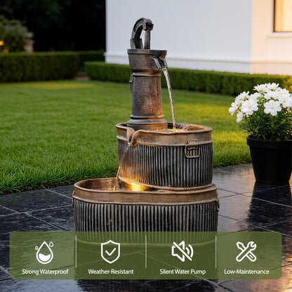 Outdoor Water Fountain 2-Tier Barrel with LED Light & Pump - Rustic Resin Garden Fountain for Patio