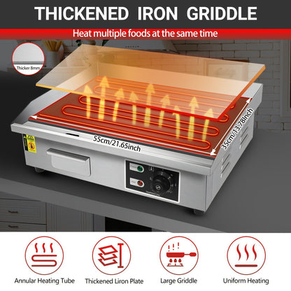 Flat Top Griddle 22 Inch 1600W Electric Countertop Teppanyaki Grill Non-Stick Stainless Steel Commercial for Garden, Patio and Yard Use