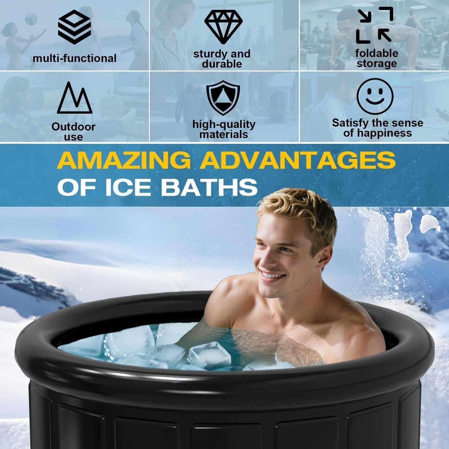 Cold Plunge Tub Foldable Ice Bath, 95-Gallon 34"x34"x30" Portable Cold Water Therapy Tub for Indoor & Outdoor Recovery