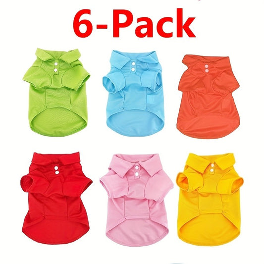 Dog Polo Shirt 6-Pack Collared T-Shirt Breathable Pullover – 100% Polyester All-Season Pet Outfit for Small Medium Dogs & Cats