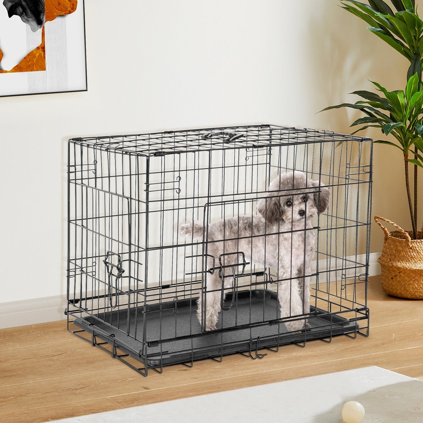 Folding Wire Dog Crate with Divider – Single & Double Door Options, Leak-Proof Plastic Tray, Indoor Outdoor Travel Kennel