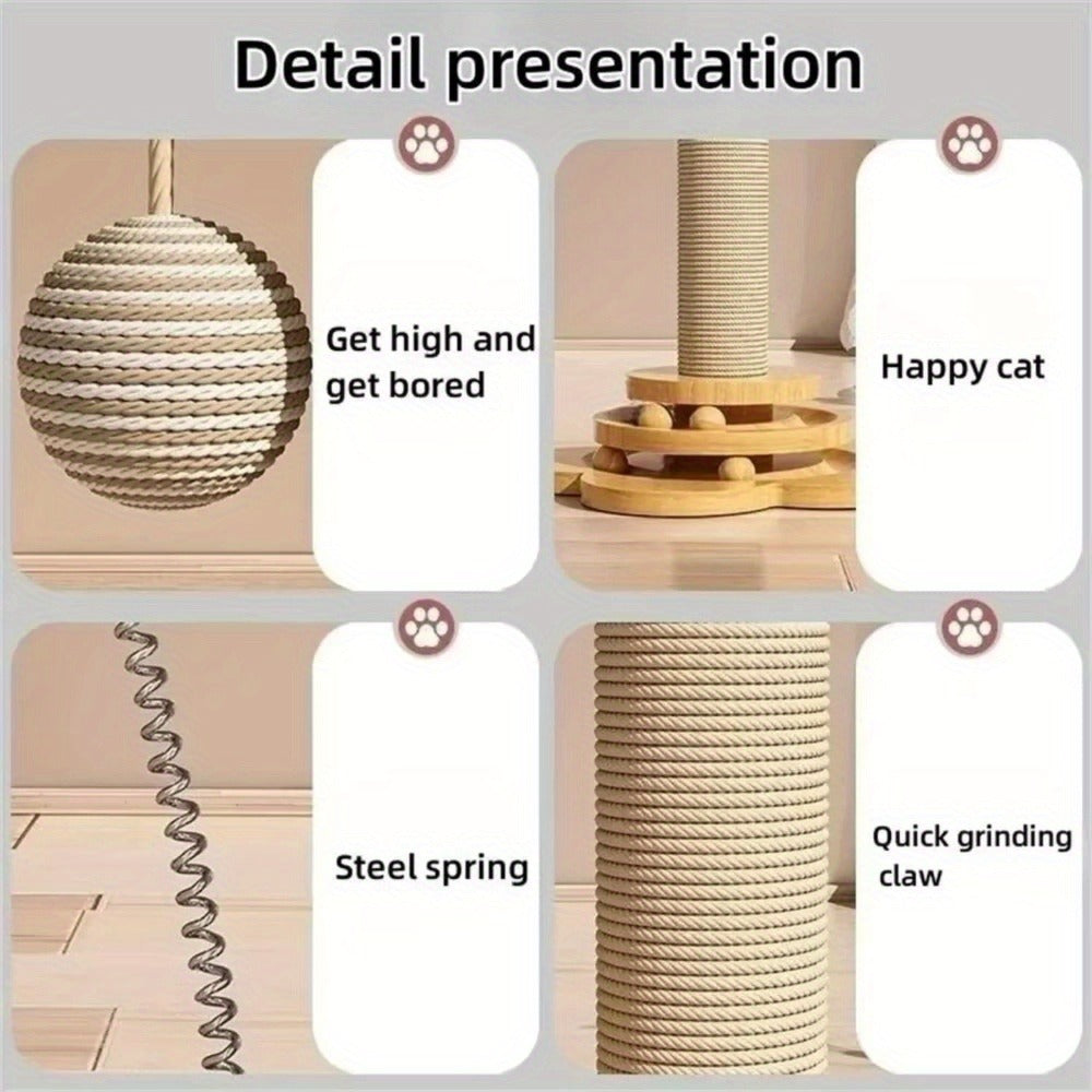 Sisal Cat Scratching Post with Hanging Ball & Turntable Interactive Toy 18.1 Inch – Sturdy Non-Slip Base Suction Cup Bottom for Kittens