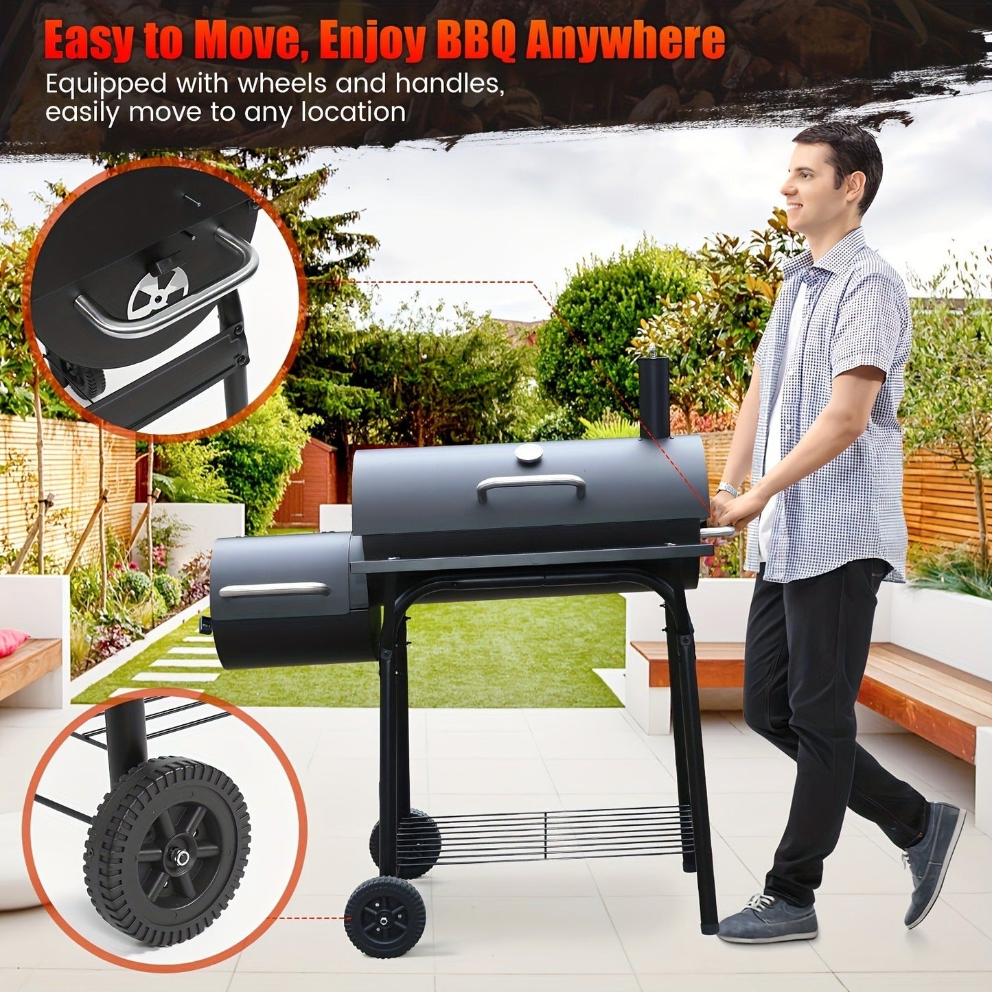 Barrel Charcoal Grill with Offset Smoker, Wheeled Cart, Side Firebox and Two Black Configuration Options