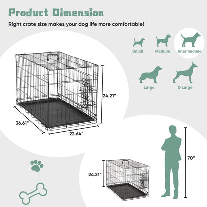 Folding Wire Dog Crate with Divider – Single & Double Door Options, Leak-Proof Plastic Tray, Indoor Outdoor Travel Kennel