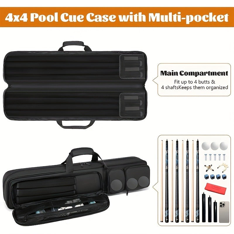 Pool Cue Case 4x4 – Billiard Cue Bag Holds 4 Butts & 4 Shafts, Hidden Backpack Strap, Large Front Accessory Pockets