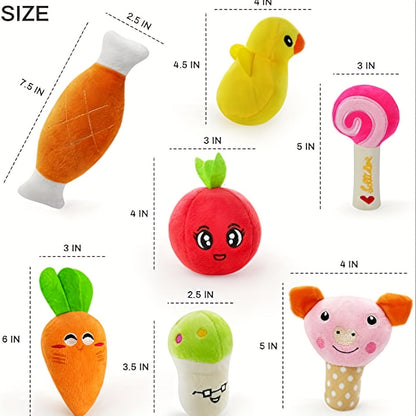 Squeaky Dog Toys 14 Pack Stuffed Plush Fruits Vegetables Set Crinkle Chew Toys for Puppies Small Medium Dogs Teething Safe Non-Toxic Machine