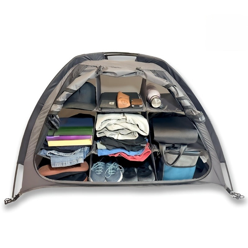 Camping Tent Organizer 9-Shelf with Zippered Flap – Hanging Storage Rack for Shoes, Gear & Dining, Fits Most Tents, Brown & Gray