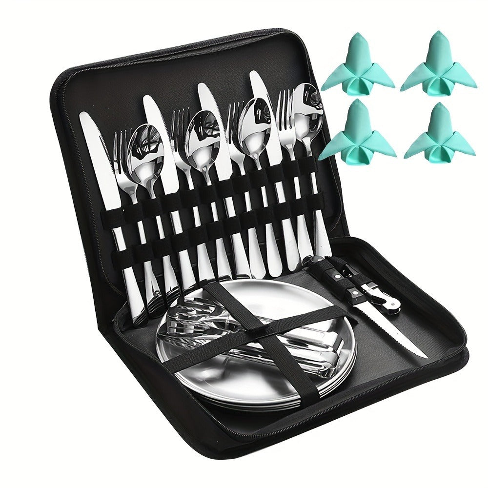 Camping Mess Kit 24pcs Stainless Steel Cutlery Set for 4 – Plates, Spoons, Forks, Serrated Knives & Cloth Napkins