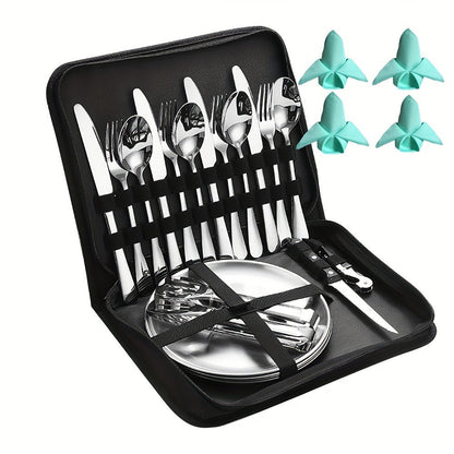 Camping Mess Kit 24pcs Stainless Steel Cutlery Set for 4 – Plates, Spoons, Forks, Serrated Knives & Cloth Napkins