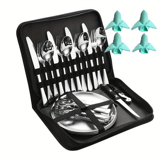 Camping Mess Kit 24pcs Stainless Steel Cutlery Set for 4 – Plates, Spoons, Forks, Serrated Knives & Cloth Napkins