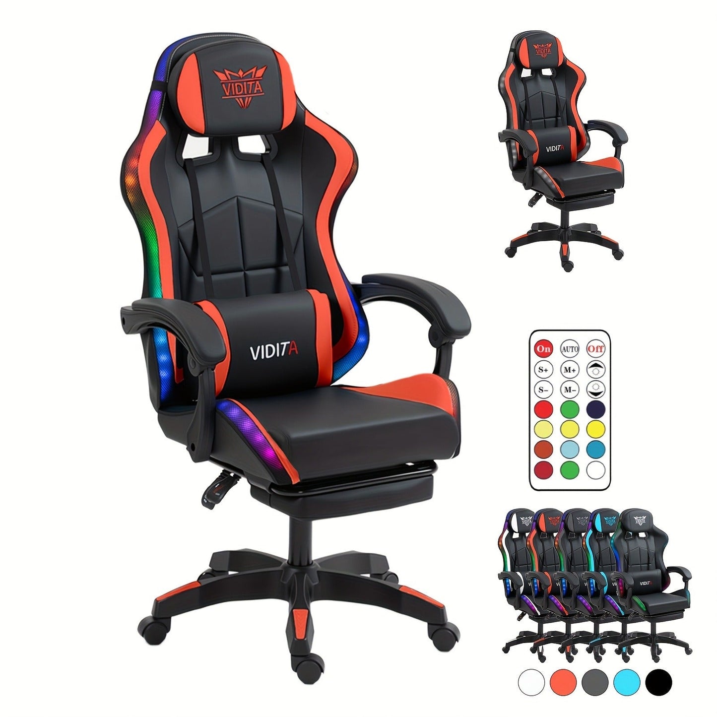 RGB Gaming Chair with LED Lights Footrest Ergonomic Gaming Chair with Massage Lumbar Support Reclining Video Game Chair for Adults Home