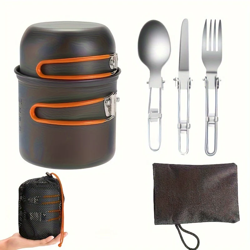 Stainless Steel Camping Cookware Set Portable Outdoor Cooking Pot with Foldable Storage Knives Forks Lightweight Compact for Backpacking