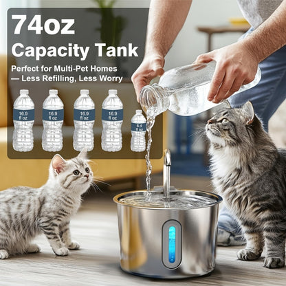 Stainless Steel Cat Water Fountain 74oz – 304 Food-Grade Steel, Ultra-Quiet USB Pump, 3-Stage Filtration, Visible Water Level Window