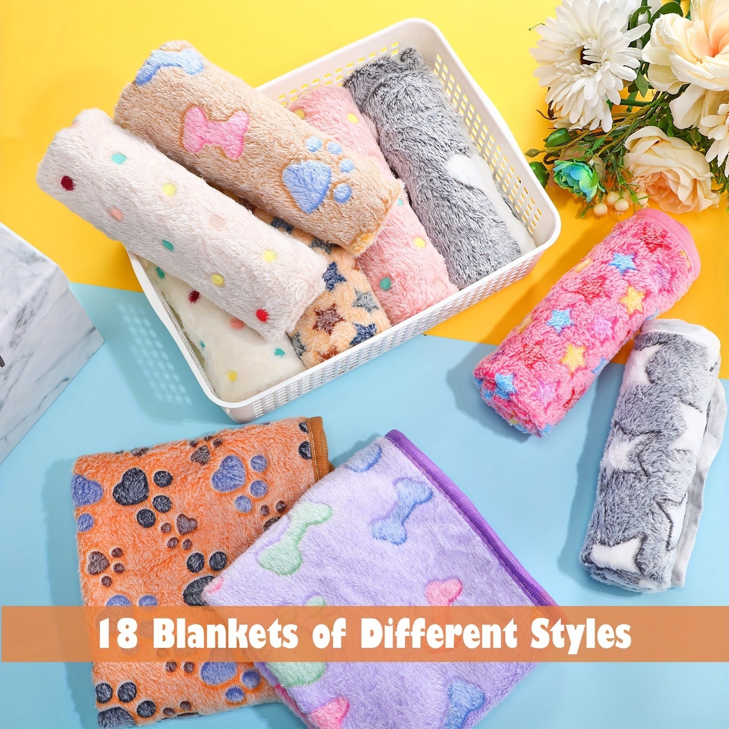 Pet Blanket Fleece 18 Pack Soft Warm Sleep Mat 23x16 Inch, Cute Paw Bone Star Heart Print Fluffy Bed Blanket for Dogs Cats Kittens Puppies