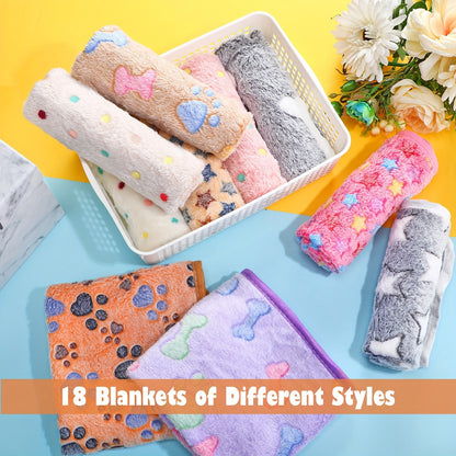 Pet Blanket Fleece 18 Pack Soft Warm Sleep Mat 23x16 Inch, Cute Paw Bone Star Heart Print Fluffy Bed Blanket for Dogs Cats Kittens Puppies
