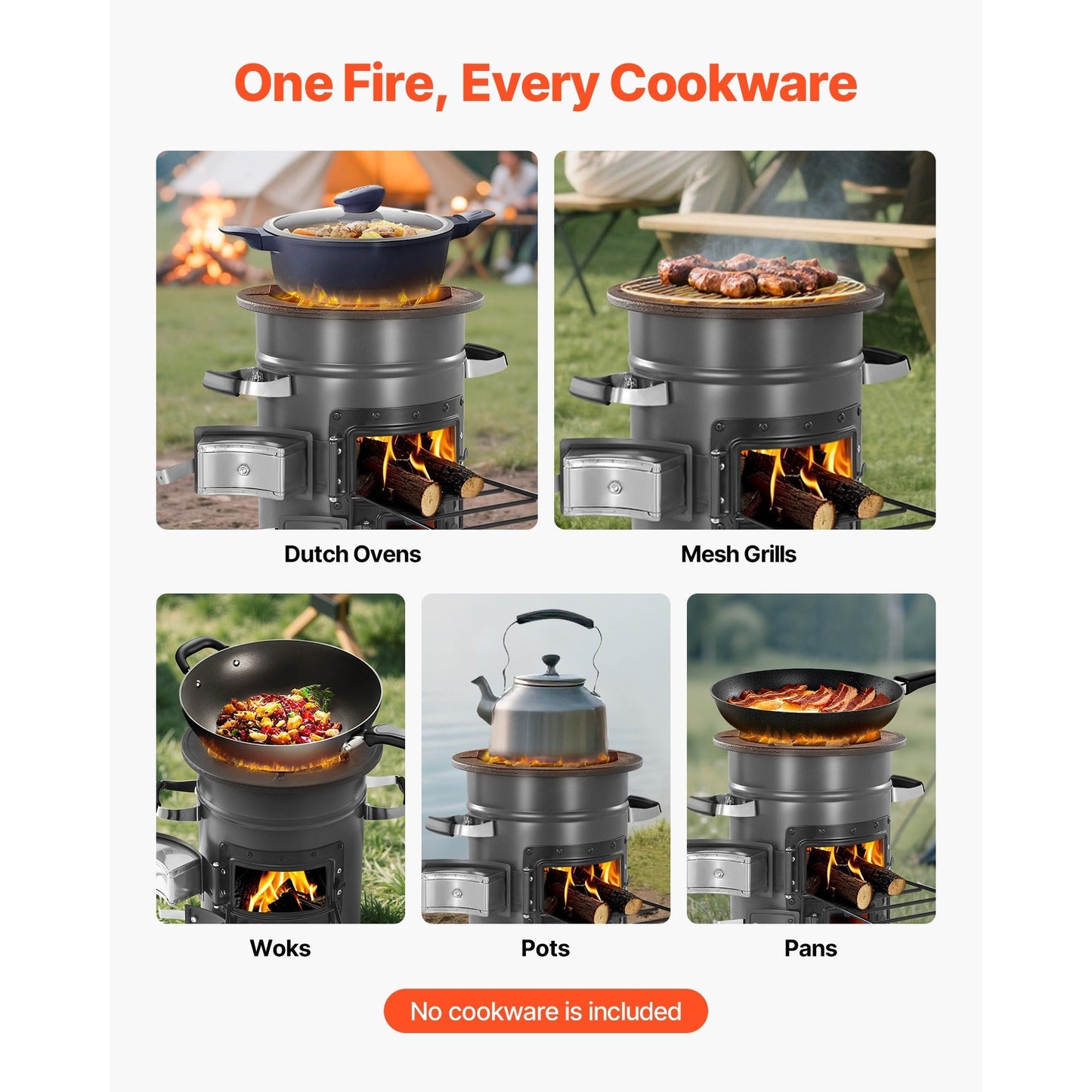 Wood Burning Rocket Stove Portable Camping Stove with Cast Iron Top, Double Door, Fireproof Lining