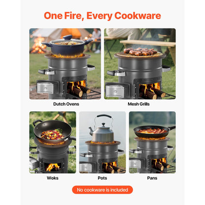 Wood Burning Rocket Stove Portable Camping Stove with Cast Iron Top, Double Door, Fireproof Lining