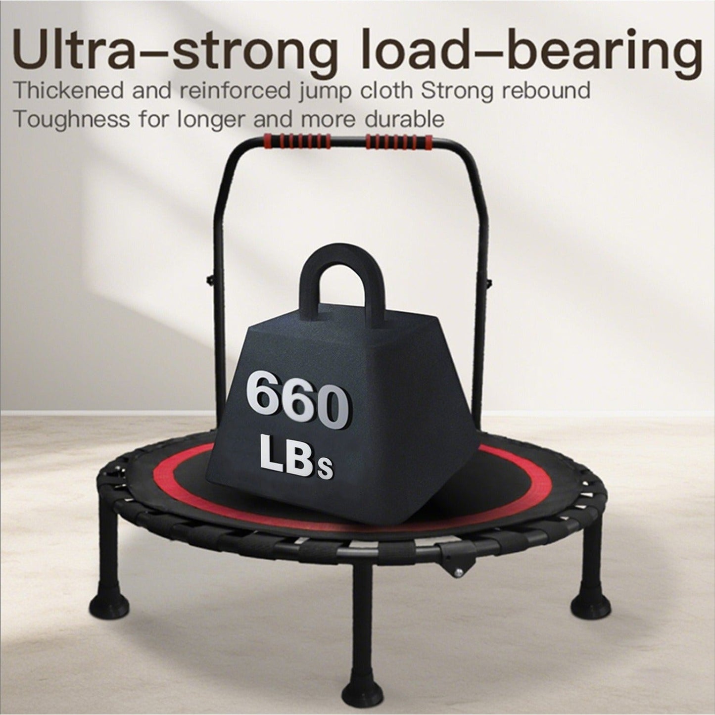 Rebounder Mini Trampoline 40 Inch Foldable with Adjustable Foam Handles – Bungee Elastic Strap Design, Thick Steel Frame, 600 lbs Capacity