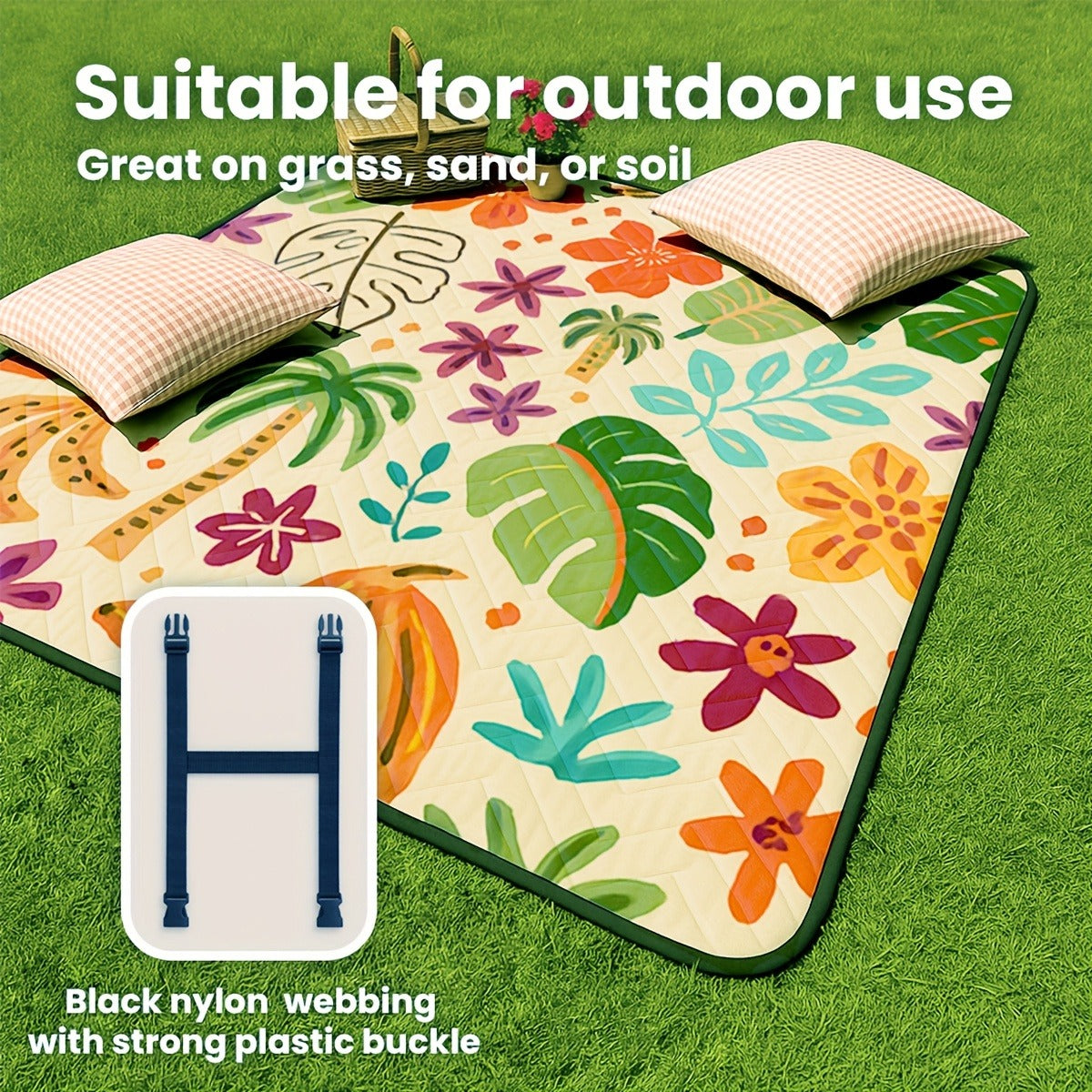 Padded Foldable Picnic Blanket with Floral Pattern for Beach Trips, Park Outings, Camping and Everyday Travel