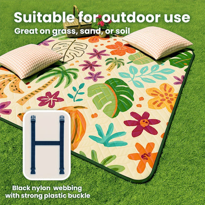 Padded Foldable Picnic Blanket with Floral Pattern for Beach Trips, Park Outings, Camping and Everyday Travel