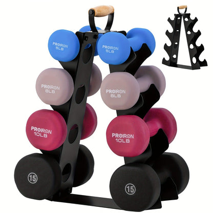 Weight Rack Stand 4-Tier A-Frame with Wooden Handle – Space-Saving Dumbbell Storage for Home Gym, Holds 5–15LB Hex & Rubber Dumbbells
