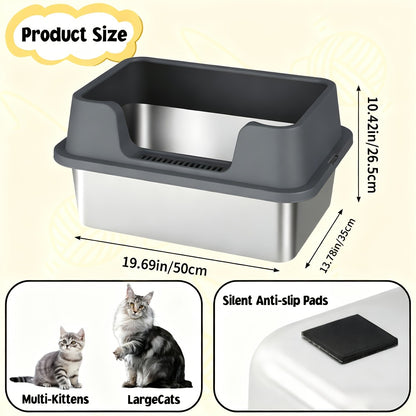 Stainless Steel Cat Litter Box with Scoop – High-Wall Semi-Enclosed Design, Non-Stick Easy Clean Surface, Anti-Leakage Odor Control