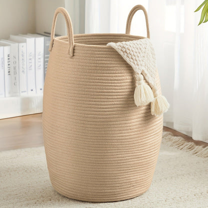 Laundry Basket Foldable Boho Hamper 22" Tall Oval Fabric with Long Handles Decorative Tassels Bedroom Bathroom Closet Storage
