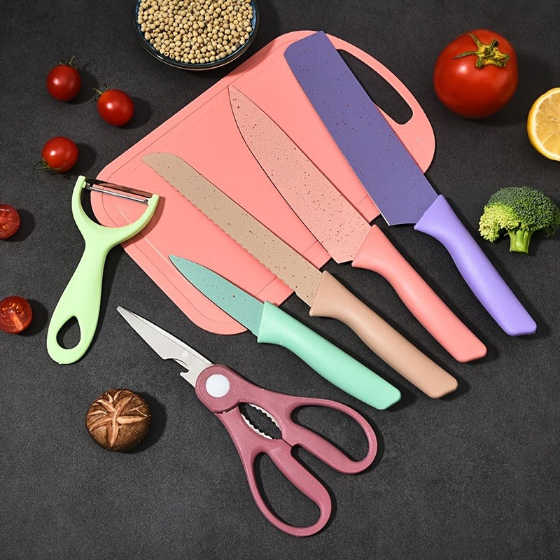 Seven-Piece Kitchen Knife Set with Four Pastel Knives, Kitchen Scissors, Peeler and Cutting Board