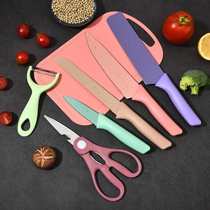 Seven-Piece Kitchen Knife Set with Four Pastel Knives, Kitchen Scissors, Peeler and Cutting Board