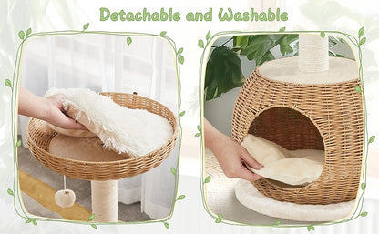 Cat Tree 29.5 Inch Rattan Cat House with Natural Sisal Scratching Post – Woven Cat Condo, Soft Cushion Perch, Hanging Bell Toy